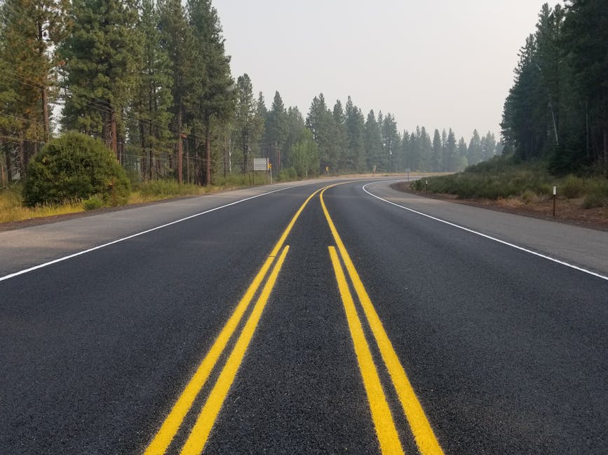 A deserted asphalt road lined with tall evergreen trees in Klamath Falls, Oregon.